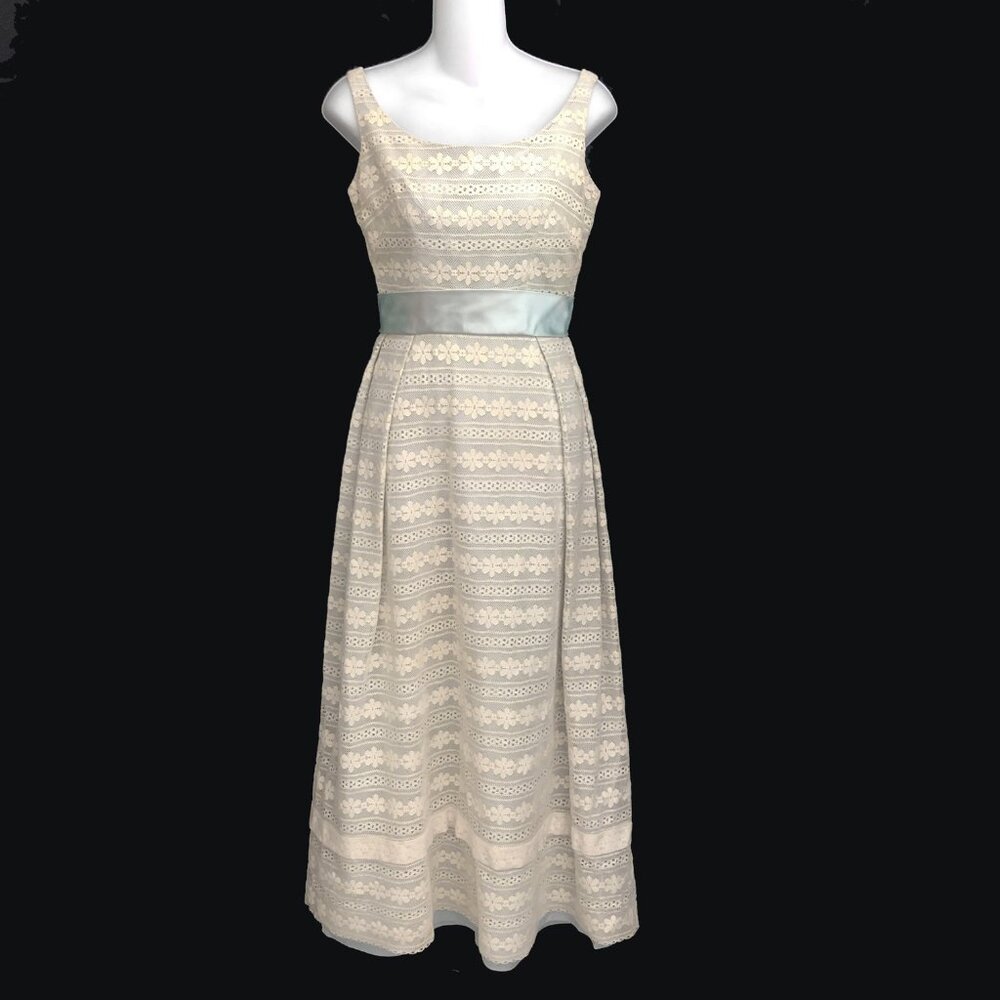 Vintage 60s Lace Maxi Formal Dress Ivory and Blue Size Small
